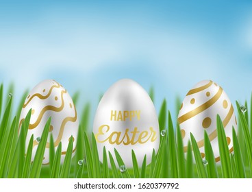 Happy Easter with green grass and Easter egg on blue sky