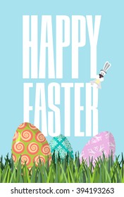 Happy Easter. Green grass. Traditional treats Colored eggs. Postcard for religious holiday