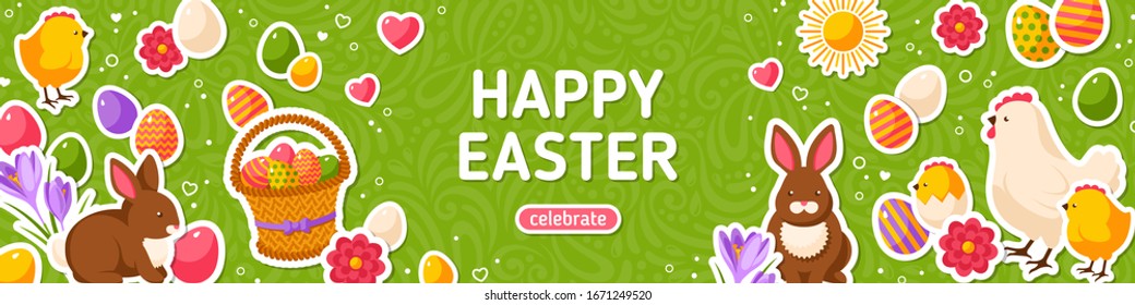 Happy Easter Green Horizontal Banner. Vector Illustration. Spring Holiday Background, Place for Text. Flat Icons - Chicken, Rabbit, Flowers and Eggs
