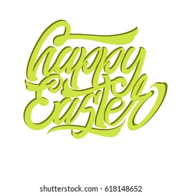 Happy Easter green lettering a handwritten inscription. Painted green letters on a white background. The inscriptions are made by hand. Illustration for greeting card 