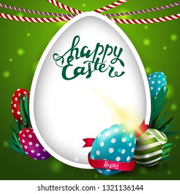Happy Easter, green postcard with big egg and Easter eggs and candles