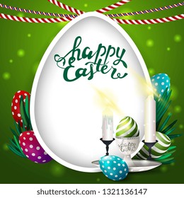 Happy Easter, green postcard with big egg and Easter Bunny in egg