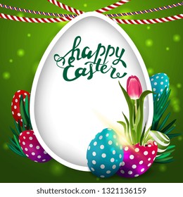 Happy Easter, green postcard with big egg and tulip growing from Easter egg