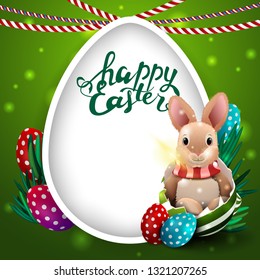 Happy Easter, green postcard with big egg and Easter Bunny in egg