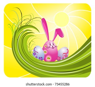 Happy Easter green round card. Vector illustration