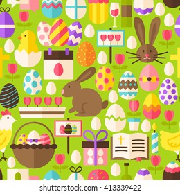 Happy Easter Green Seamless Pattern. Flat Design Vector Illustration. Tile Background. Set of Spring Christian Religion Items.