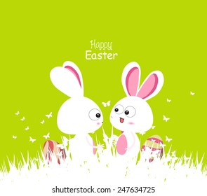 happy easter green spring with bunny couple and eggs