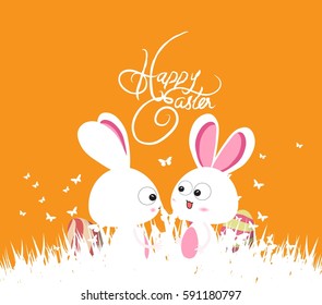 happy easter green spring with bunny couple and eggs