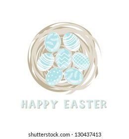 Happy Easter green turquoise pink purple yellow orange blue Easter eggs in a nest