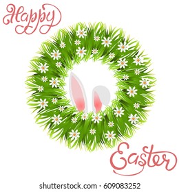 Happy easter. Green wreath of grass and chamomile. Rabbit ears. Vector illustration