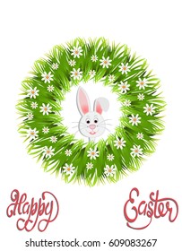 Happy easter. Green wreath of herbs and chamomile. Easter bunny. Vector illustration