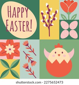 Happy easter green, yellow geometric pattern in minimalist style. Chick in shell, willow, plants and flowers spring concept. Perfect for a social media post, poster, cover or postcard