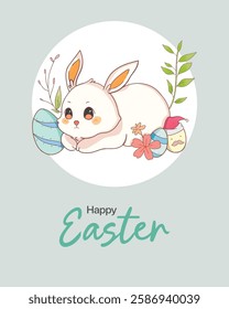 Happy easter greetibg template with bunny and egg in cute beautiful vector editable illustration