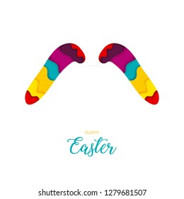 Happy Easter greeting, 3d paper cut ears of rabbit, bright colours, vector illustration.