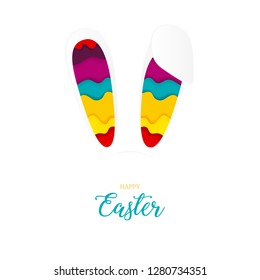 Happy Easter greeting, 3d paper cut ears of rabbit, bright colours, vector illustration.