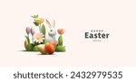 Happy Easter greeting with 3d render Easter eggs and bunny in flowers and grass green field, egg hunting game, hide and seek