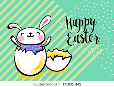 Happy easter greeting background with cute easter bunny in the broken egg. Striped and dots texture, with copy space. Vector illustration in hand drawing sketch outline hipster style.