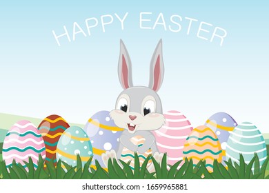 Happy Easter greeting background with cute white bunny and eggs. Welcome to spring season with rabbit - Animal holiday character.