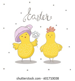 Happy Easter greeting background with cute two chicks friend in frame. Hand drawn vector Illustration.
