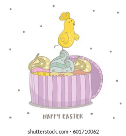Happy Easter greeting background with cute two chicks friend in frame. Hand drawn vector Illustration.
