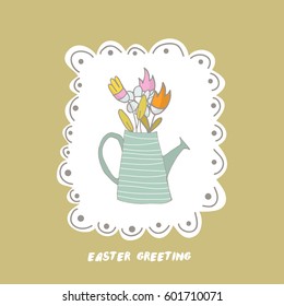 Happy Easter greeting background with cute two chicks friend in frame. Hand drawn vector Illustration.