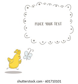 Happy Easter greeting background with cute two chicks friend in frame. Hand drawn vector Illustration.