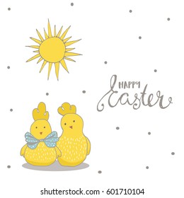 Happy Easter greeting background with cute two chicks friend in frame. Hand drawn vector Illustration.