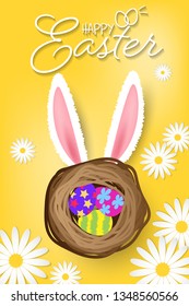 Happy Easter greeting background design of Easter eggs in bird's nest with bunny ears and Happy Easter text on yellow background with daisy flower. Vector illustration.