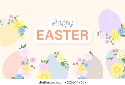 Happy Easter greeting background with eggs and flowers. Nice festive vector Easter banner.