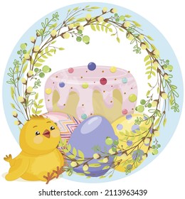 Happy easter greeting background with funny chick, easter cake, with realistic easter eggs in wreath of willow branches and young leaves, blue color frame