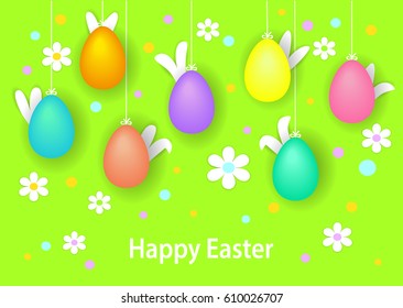 Happy easter greeting background with hanging eggs on strings, paper flowers and bunny ears