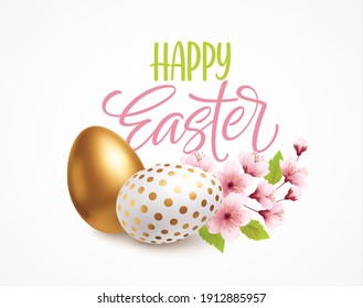 Happy easter greeting background with realistic easter eggs and spring flowers. Vector illustration EPS10