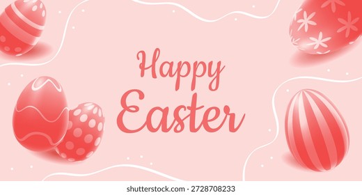 Fondo de felicitación de Pascua feliz con huevos de Pascua realistas de estilo 3D y sombreado de gradiente. Diseño de primavera pastel suave para tarjetas de vacaciones, Anuncios, carteles, invitaciones y celebración de primavera.