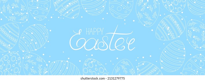 Happy Easter greeting banner with calligraphic typography and eggs. Happy Easter lettering card. Hand drew easter elements wreath eggs in the white background. Vector illustration.