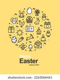 Feliz Invitación de la tarjeta de la felicitación de Pascua con iconos delgados de línea en un fondo amarillo. Ilustración del vector