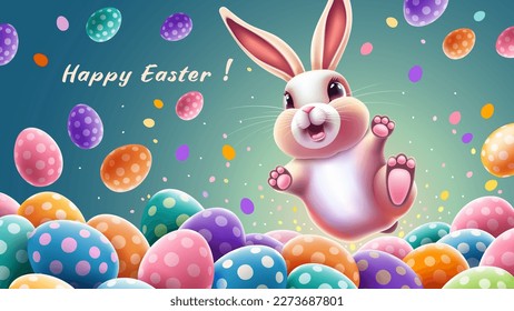 Happy Easter greeting banner or card with fun bunny, jumping up above pile of many colored Easter eggs. Trendy conceptual Easter greeting card with warm wishes. Vector 3d realistic illustration EPS10