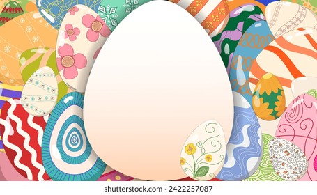Happy Easter greeting banner, card, poster, background, flyer with space for text. Easter glass painted eggs. Pattern for presentation, brochure,  templates