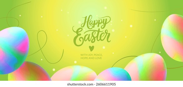Happy Easter greeting banner, card or horizontal poster with a pattern of watercolor Easter eggs in pastel colors on a light background. Design for Easter packaging, ads and print, vector illustration