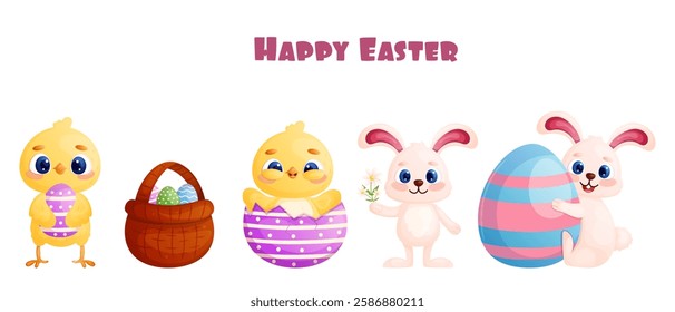 happy easter greeting banner with chick, rabbit and Easter eggs in basket