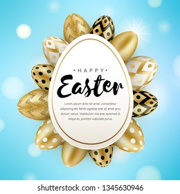 Happy Easter greeting banner concept with realistic shine golden eggs isolated on blue bokeh background. Vector illustration for greeting card, ad, promotion, poster, flyer, web banner, print