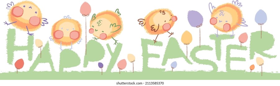 Happy Easter greeting banner with cute chicks and eggs