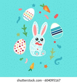 Happy Easter greeting or banner with cute rabbit and heart in hands. Vector