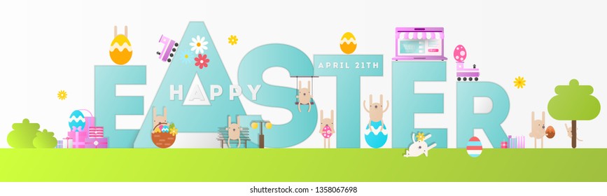 Happy Easter Greeting Banner. Easter Eggs and Cartoon Bunny near Big Characters. Holiday Design Web Banner For Site. Vector Illustration.