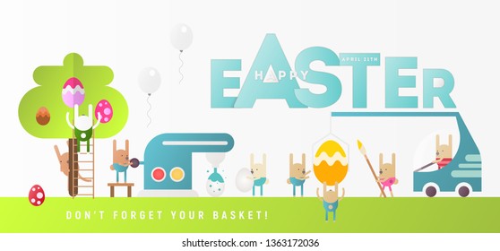 Happy Easter Greeting Banner. Easter Eggs and Cartoon Bunny near Big Letters. Holiday Design Web Banner For Site. Vector Illustration.
