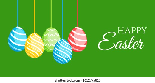 Happy Easter greeting banner with сolorful eggs. Vector illustration for Easter day