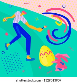 Happy Easter greeting banner. Easter event, festival and fair flyer with young man and rabbit on a green background. Flat Art Vector illustration