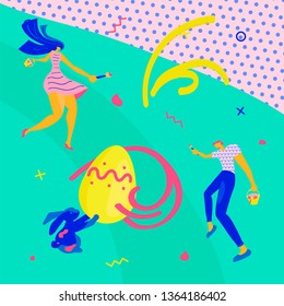 Happy Easter greeting banner. Easter event, festival and fair flyer with young man, woman and rabbit on a green background. Flat Art Vector illustration
