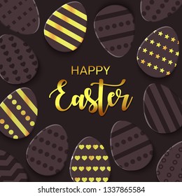 Happy Easter greeting banner with a gold lettering. Paper cut Layered Eggs Hunt. Geometric Luxury holiday symbol for e-mail newsletter, shopping sale banners, voucher, add. Vector Illustration