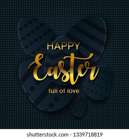 Happy Easter greeting banner with a gold lettering. Paper cut Layered Eggs Hunt. Geometric Luxury holiday symbol for fashion, shopping sale banners, voucher, add, e-mail letter. Vector Illustration