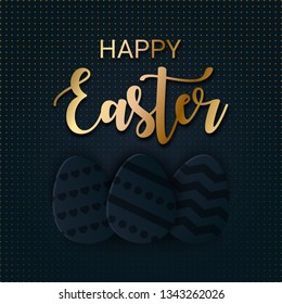 Happy Easter greeting banner with a gold lettering. Paper cut Layered Eggs Hunt. Geometric Luxury holiday symbol for fashion, shopping sale banners, voucher, add, e-mail letter. Vector Illustration